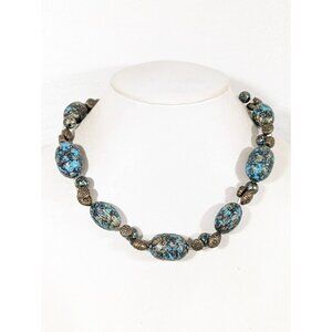 Bronze Tone Green Patina Faux Stone Statement Necklace 20" Tribal Boho